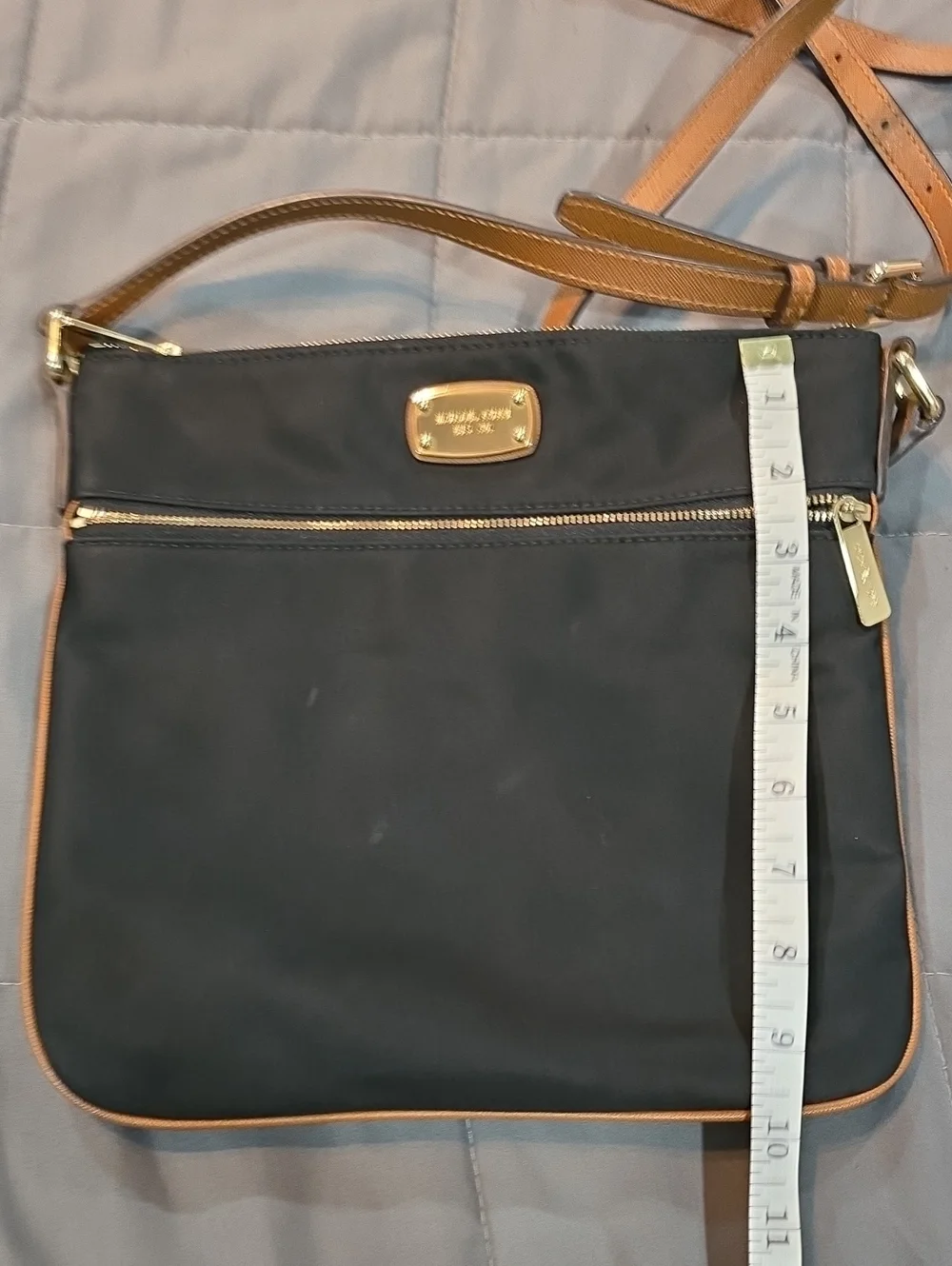 Michael Kors Black Crossbody Bag with Tan Trim and Gold Hardware